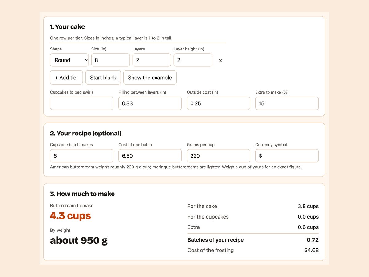 The buttercream calculator showing how many cups of buttercream an 8 inch cake needs and what it costs.