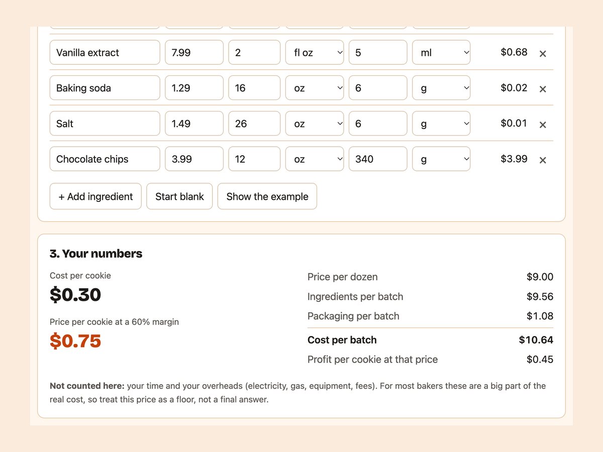 The cookie pricing calculator showing cost per cookie, price per cookie and price per dozen.